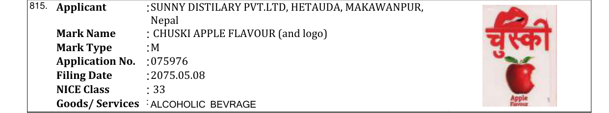 Original bulletin entry for CHUSKI APPLE FLAVOUR (and logo)