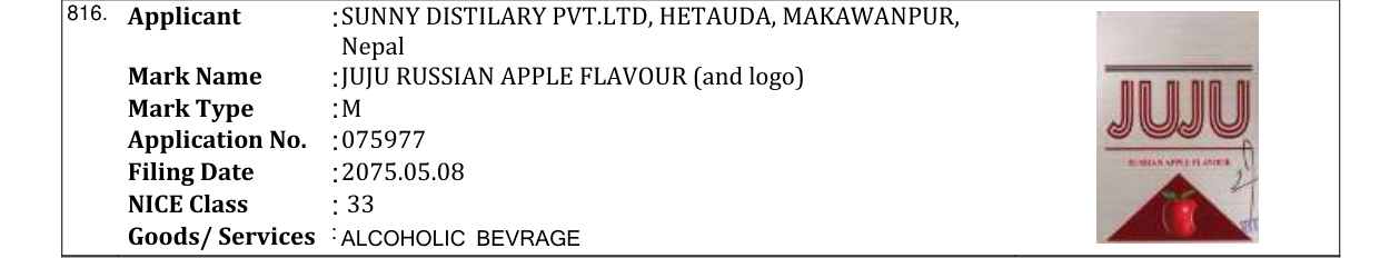 Original bulletin entry for JUJU RUSSIAN APPLE FLAVOUR (and logo)