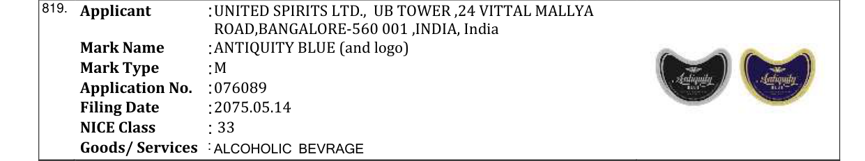 Original bulletin entry for ANTIQUITY BLUE (and logo)