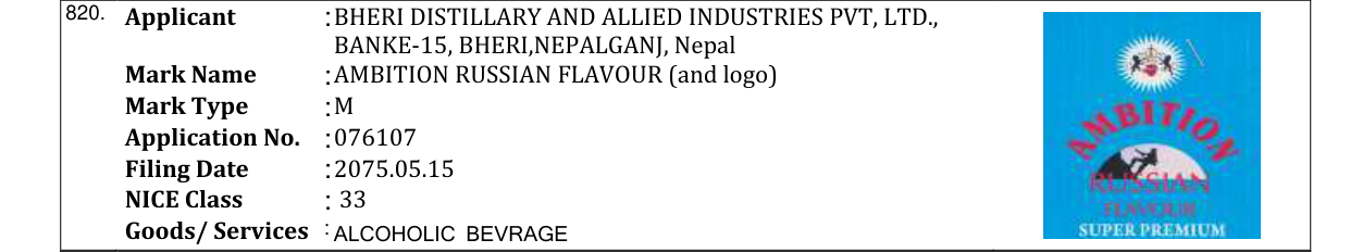 Original bulletin entry for AMBITION RUSSIAN FLAVOUR (and logo)