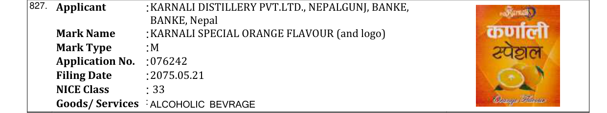 Original bulletin entry for KARNALI SPECIAL ORANGE FLAVOUR (and logo)