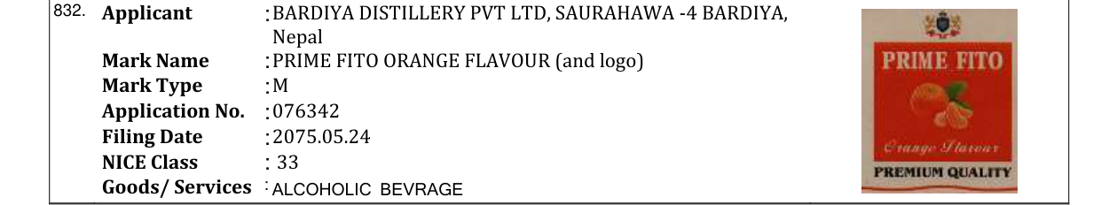Original bulletin entry for PRIME FITO ORANGE FLAVOUR (and logo)
