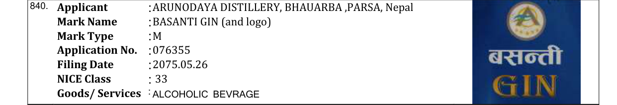 Original bulletin entry for BASANTI GIN (and logo)