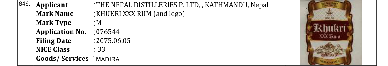 Original bulletin entry for KHUKRI XXX RUM (and logo)