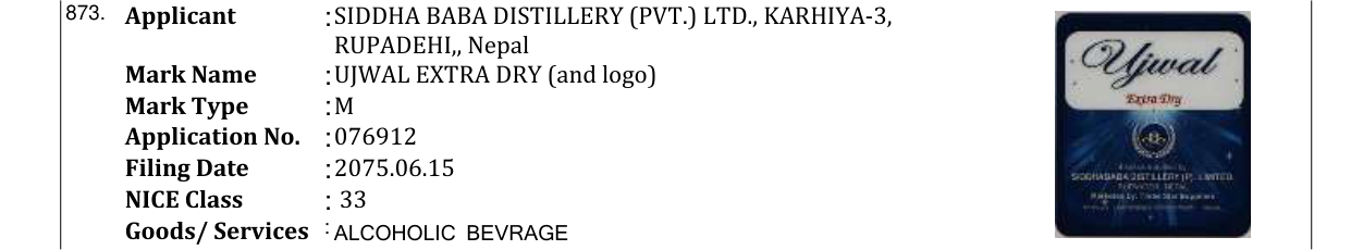 Original bulletin entry for UJWAL EXTRA DRY (and logo)