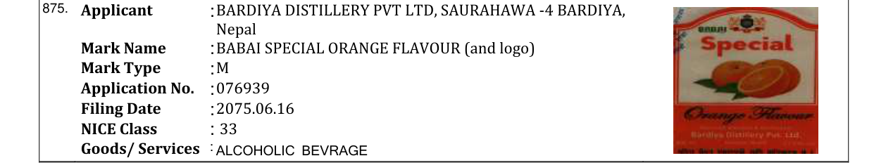 Original bulletin entry for BABAI SPECIAL ORANGE FLAVOUR (and logo)