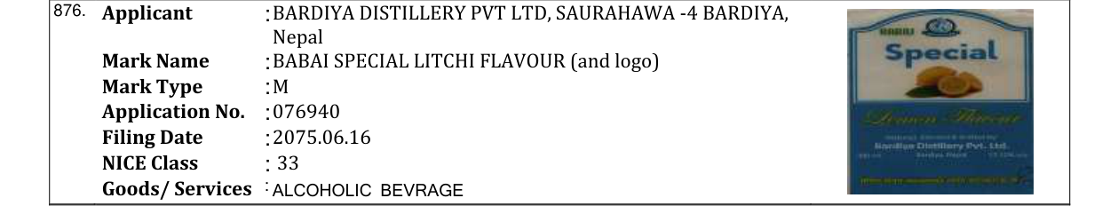 Original bulletin entry for BABAI SPECIAL LITCHI FLAVOUR (and logo)