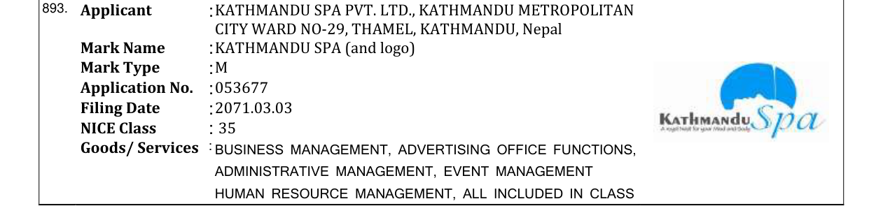 Original bulletin entry for KATHMANDU SPA (and logo)