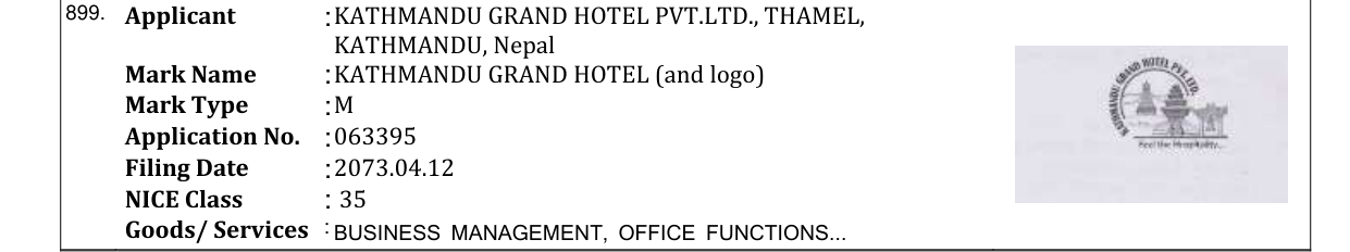Original bulletin entry for KATHMANDU GRAND HOTEL (and logo)