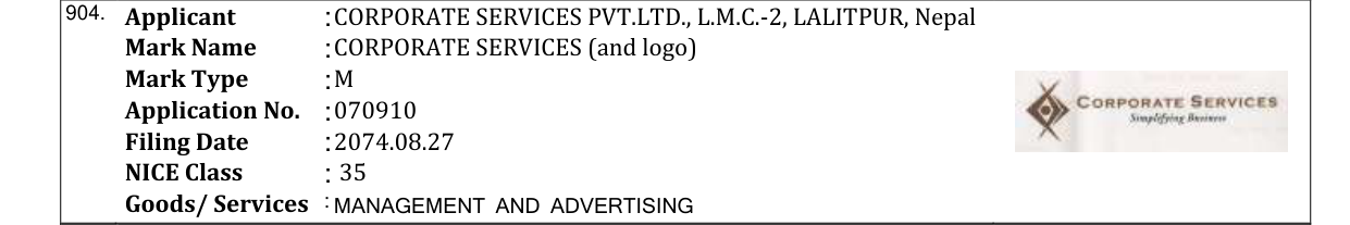 Original bulletin entry for CORPORATE SERVICES (and logo)