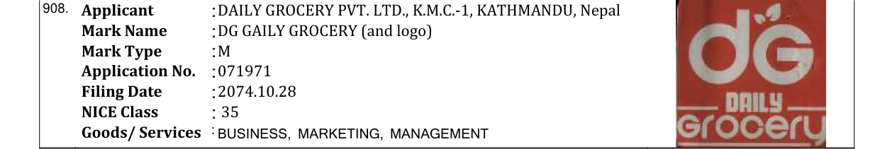 Original bulletin entry for DG GAILY GROCERY (and logo)