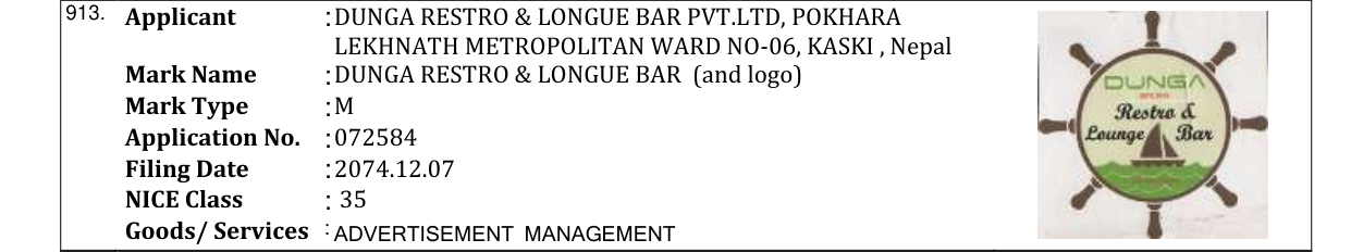 Original bulletin entry for DUNGA RESTRO & LONGUE BAR (and logo)