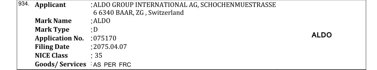 Original bulletin entry for ALDO
