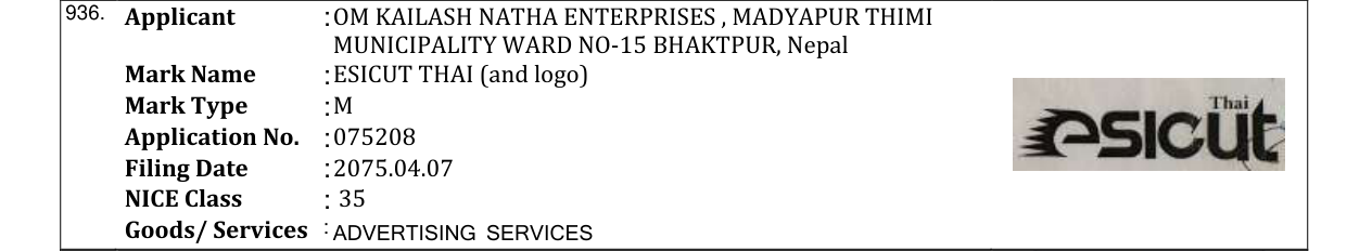 Original bulletin entry for ESICUT THAI (and logo)