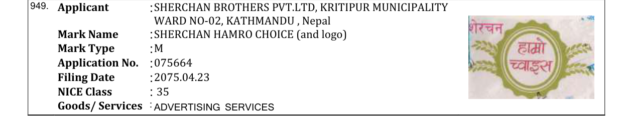 Original bulletin entry for SHERCHAN HAMRO CHOICE (and logo)