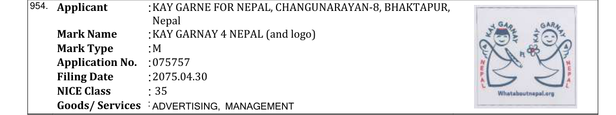 Original bulletin entry for KAY GARNAY 4 NEPAL (and logo)