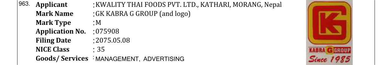 Original bulletin entry for GK KABRA G GROUP (and logo)