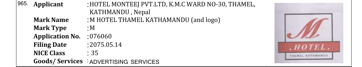 Original bulletin entry for M HOTEL THAMEL KATHAMANDU (and logo)