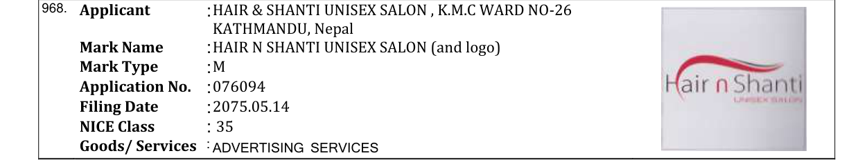 Original bulletin entry for HAIR N SHANTI UNISEX SALON (and logo)