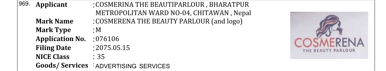 Original bulletin entry for COSMERENA THE BEAUTY PARLOUR (and logo)