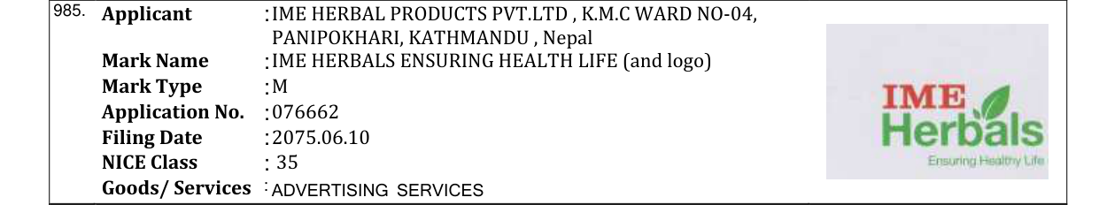 Original bulletin entry for IME HERBALS ENSURING HEALTH LIFE (and logo)