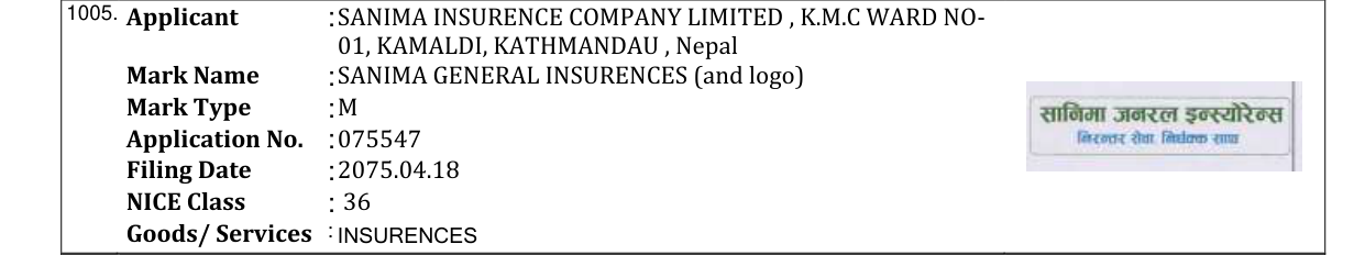 Original bulletin entry for SANIMA GENERAL INSURENCES (and logo)