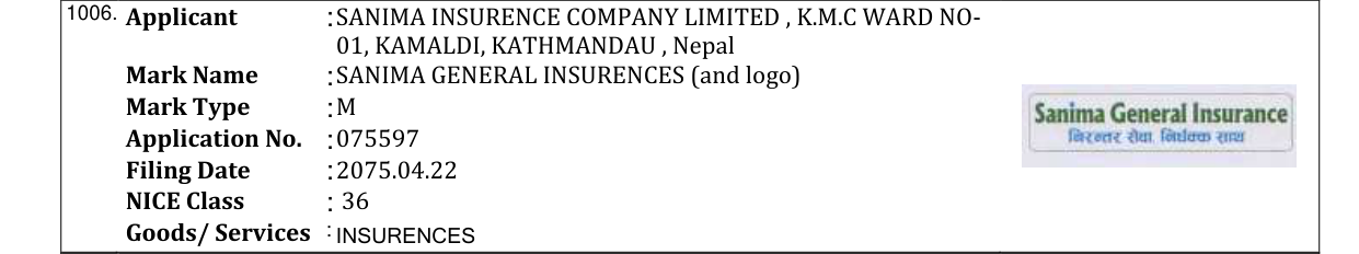 Original bulletin entry for SANIMA GENERAL INSURENCES (and logo)