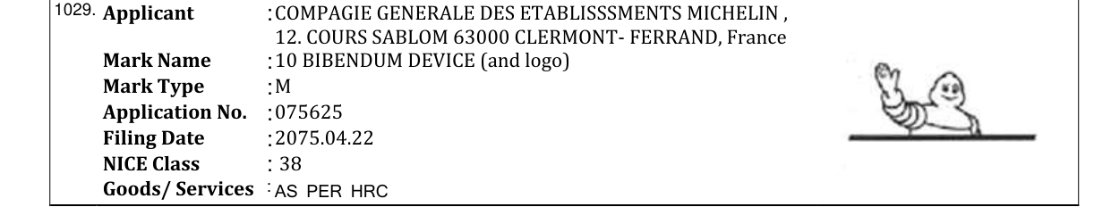 Original bulletin entry for 10 BIBENDUM DEVICE (and logo)