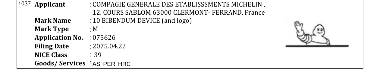 Original bulletin entry for 10 BIBENDUM DEVICE (and logo)
