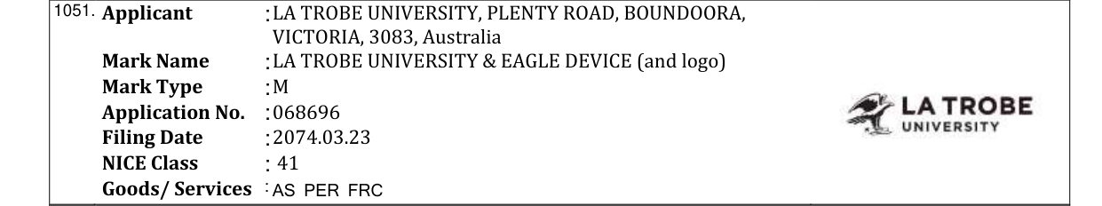 Original bulletin entry for LA TROBE UNIVERSITY & EAGLE DEVICE (and logo)