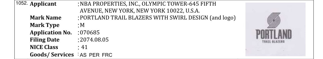 Original bulletin entry for PORTLAND TRAIL BLAZERS WITH SWIRL DESIGN (and logo)