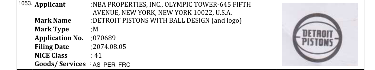 Original bulletin entry for DETROIT PISTONS WITH BALL DESIGN (and logo)