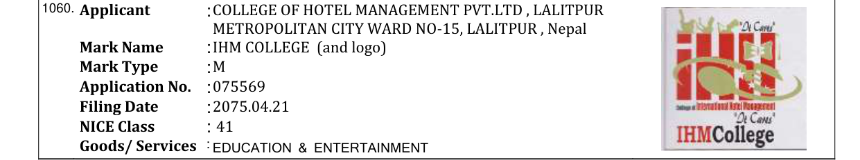 Original bulletin entry for IHM COLLEGE (and logo)