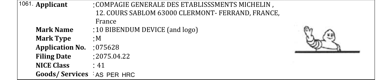 Original bulletin entry for 10 BIBENDUM DEVICE (and logo)