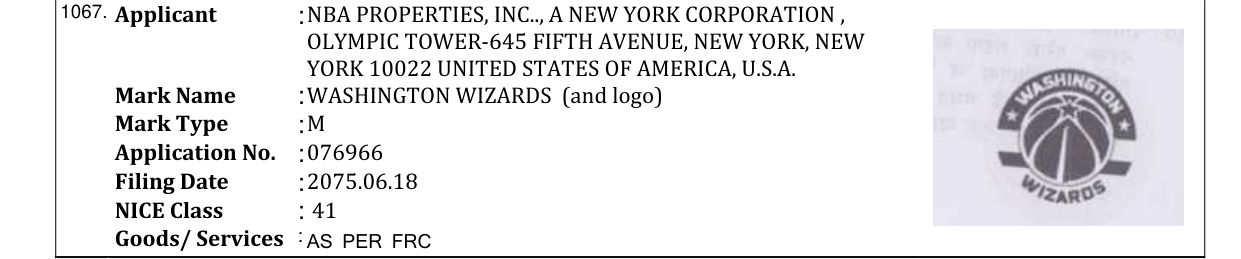 Original bulletin entry for WASHINGTON WIZARDS (and logo)