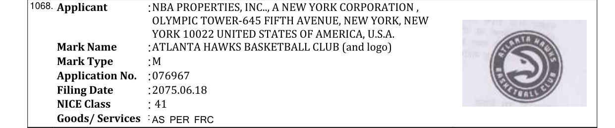 Original bulletin entry for ATLANTA HAWKS BASKETBALL CLUB (and logo)