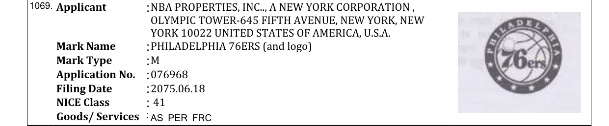 Original bulletin entry for PHILADELPHIA 76ERS (and logo)