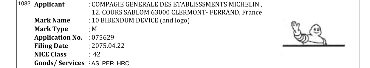 Original bulletin entry for 10 BIBENDUM DEVICE (and logo)