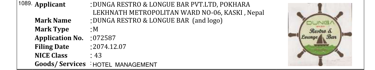 Original bulletin entry for DUNGA RESTRO & LONGUE BAR (and logo)