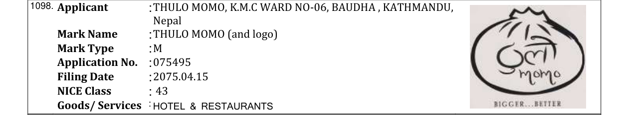Original bulletin entry for THULO MOMO (and logo)