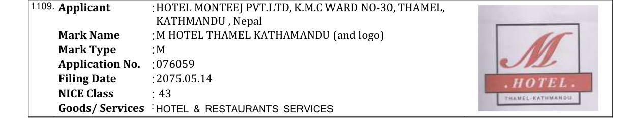 Original bulletin entry for M HOTEL THAMEL KATHAMANDU (and logo)
