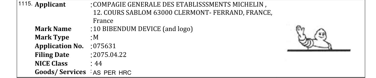 Original bulletin entry for 10 BIBENDUM DEVICE (and logo)