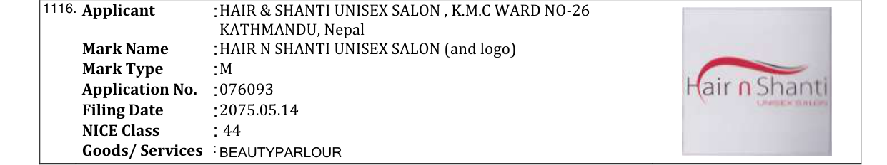 Original bulletin entry for HAIR N SHANTI UNISEX SALON (and logo)