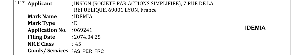 Original bulletin entry for IDEMIA