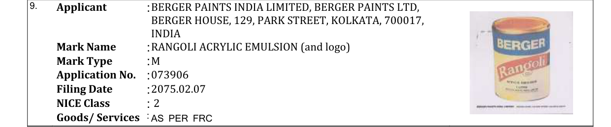Original bulletin entry for RANGOLI ACRYLIC EMULSION (and logo)
