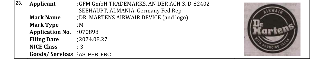 Original bulletin entry for DR. MARTENS AIRWAIR DEVICE (and logo)