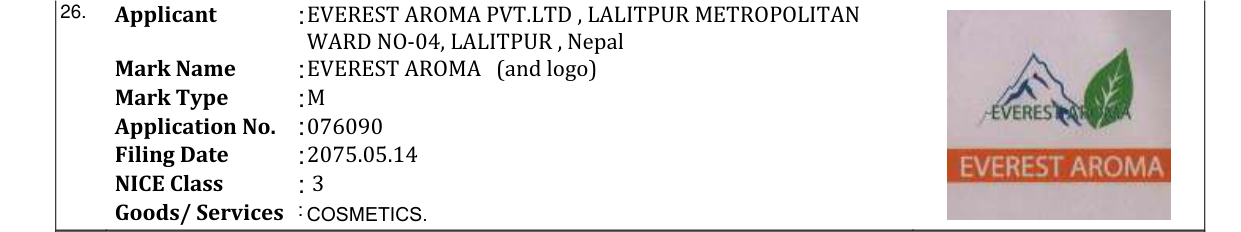 Original bulletin entry for EVEREST AROMA (and logo)