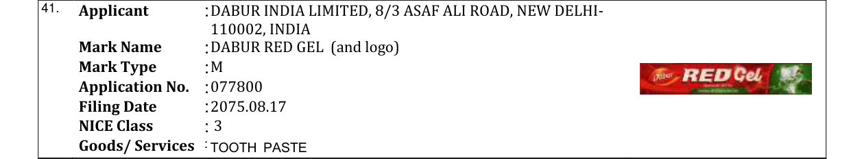 Original bulletin entry for DABUR RED GEL (and logo)