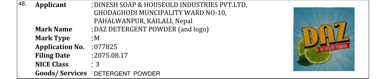 Original bulletin entry for DAZ DETERGENT POWDER (and logo)