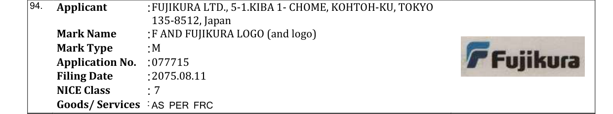 Original bulletin entry for F AND FUJIKURA LOGO (and logo)